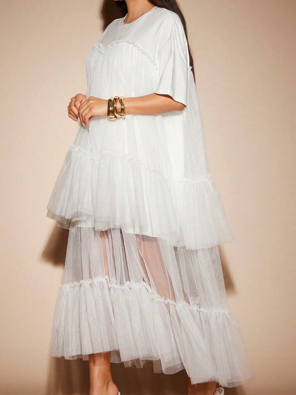 White Boho Festival Women's Tulle Tiered Maxi T-Shirt Dress - Picture 3 of 5